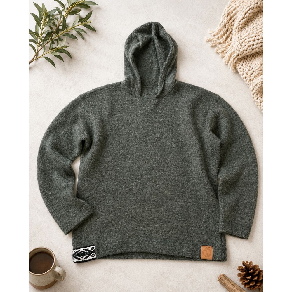 PAKA Handmade Hooded Sweater Large Shrunken Fits Small Gray Green Pullover